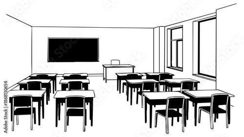 An empty classroom with desks, a blackboard, and large windows