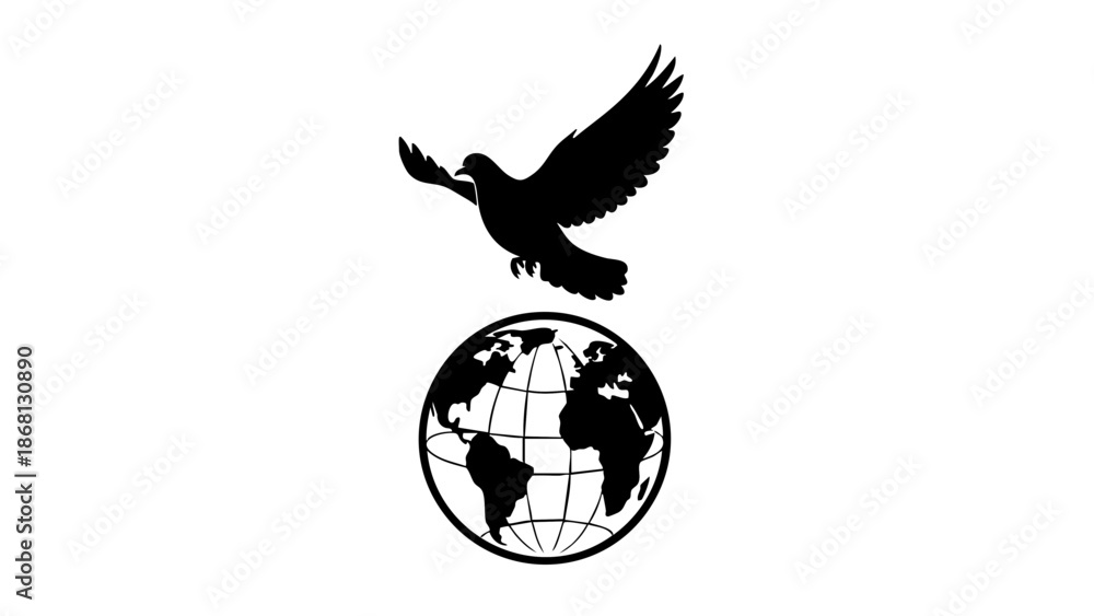 Fototapeta premium Symbol of world peace: A dove in flight above a globe, representing peace and unity across the world