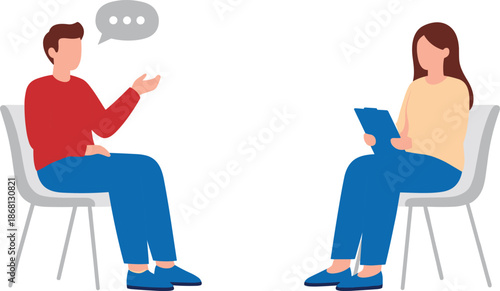 Man and woman sitting in chairs talking and taking notes people conversation discussion