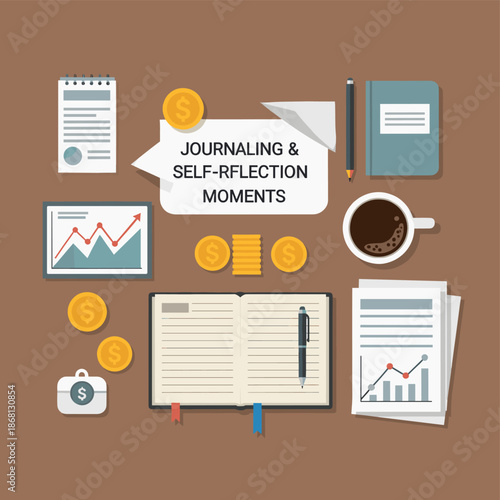 A simple illustration of a briefcase and coin with dollar signs, symbolizing financial success and wealth, perfect for business and marketing material