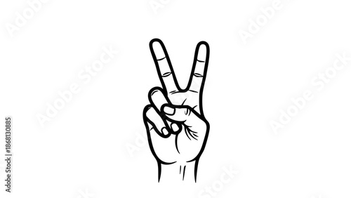 A hand displays the iconic peace gesture, formed with the index and middle fingers. The hand is shown in a line drawing, emphasizing simplicity and universal recognition