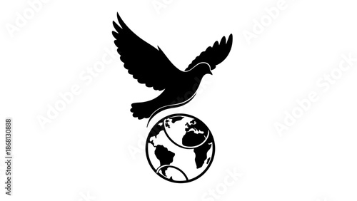 A silhouette of a dove with open wings, hovering above a globe, symbolizing peace