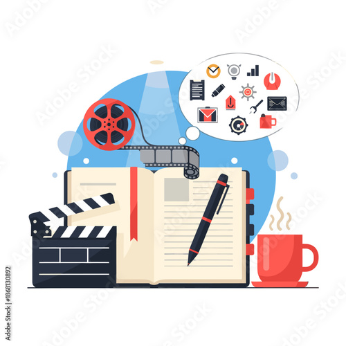 A stylish illustration of a movie clapper board on a white background, conveying a sense of filmmaking and creativity.