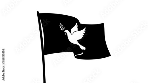 A flag with a white dove and an olive branch is waving in the wind. The dove symbolizes peace and hope