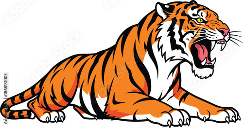 Roaring orange and black tiger with sharp teeth and yellow eyes animal big cat predator
