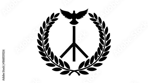 A symbol of peace featuring a dove, olive branch, and peace sign on the white area