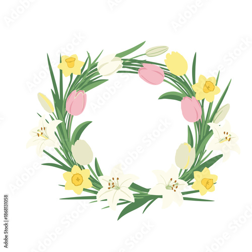 Spring flower wreath with colorful tulips lilies and daffodils on light blue background