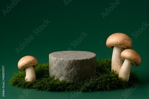 Stone Podium with Mushrooms and Green Moss on Deep Green Gradient Background