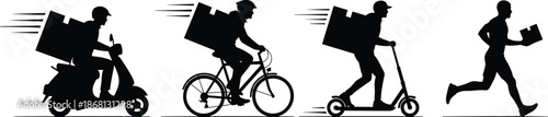 Silhouettes of delivery people on scooter bicycle electric scooter and running with packages