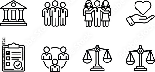 Set of eight black and white line representing law justice and community line black and white