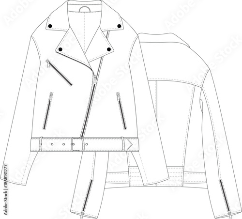 Biker Jacket flat sketch technical drawing front and back view