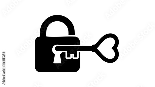 A key unlocking a padlock, with the key featuring a heart-shaped design. Symbolizing security and opening