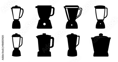Various silhouette images of blenders and food processing appliances on white background