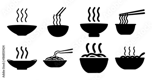 Noodle bowl icon collection with steam and utensils in silhouette style