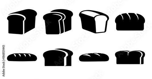 Eight stylized loafs of bread in various shapes in a simple graphic