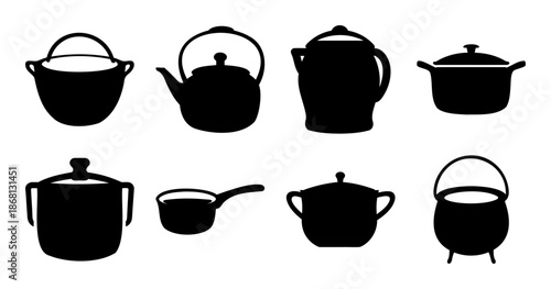 Silhouette Vector Art Depicting an Assortment of Pots, Pans, and Kettles