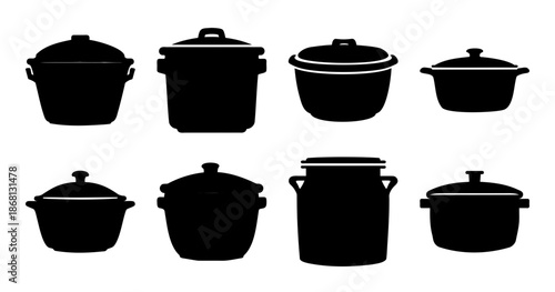 Silhouette of Cookware Assortment of Pots and Pans with Lids Isolated on White