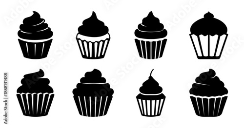 Collection of eight unique black and white cupcake silhouette vector illustrations