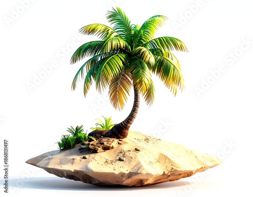 Tropical islet with palm tree, sand, rocks, and green plants, white background