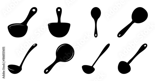 An illustration of seven black cooking ladles and spoons on a white background