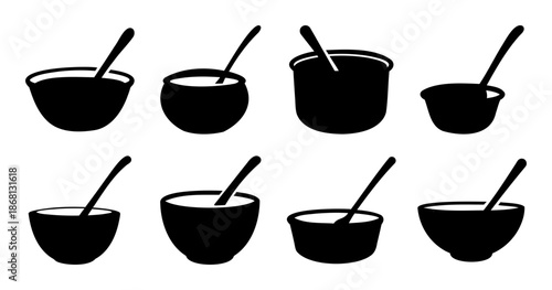 Various Soup Bowls with Spoons, Black and White Silhouette Presentation