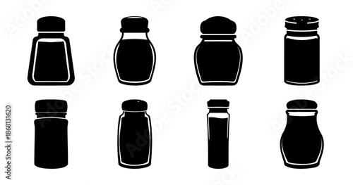 Black and white vector drawing featuring a collection of salt shakers