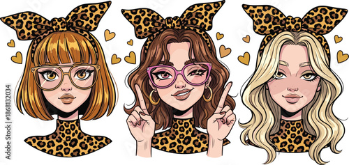 Three stylized women with leopard print headbands and tops wearing glasses woman