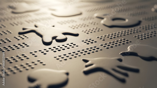 Close-up view of a dark, textured surface covered in raised dots similar to Braille, with reflective liquid droplets.