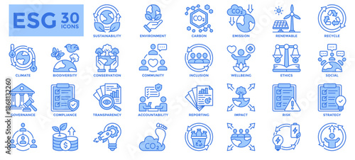 Environmental, Social, and Governance (ESG) icon collection. Containing sustainability, environment, social, governance, carbon, renewables, emissions, conservation, risk, innovation.	