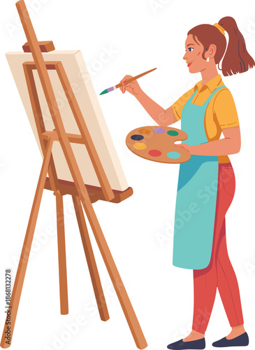 Young Female Artist Painting on Canvas with Palette and Easel IllustrationYoung Female Artist Painting on Canvas with Palette and Easel Illustration