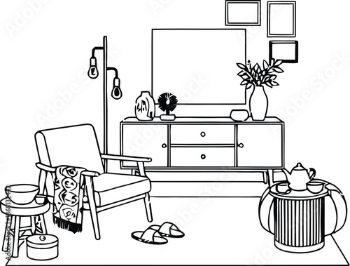 A modern living room with a blue chair and a wooden coffee table and decor