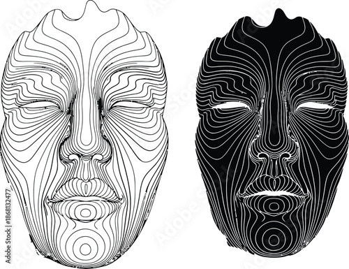 Two unique masks with intricate line designs on a plain white background