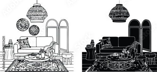 A colorful illustration of a living room in different design styles and colors.