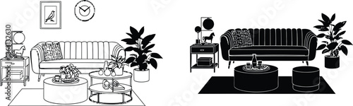 A modern living room with a green couch and a black and white illustration of furniture