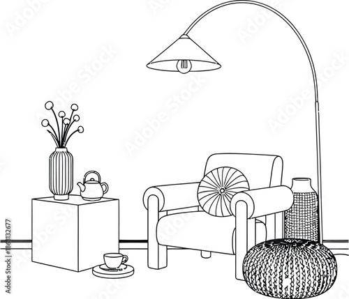 A modern living room with a stylish floor lamp and comfortable seating area