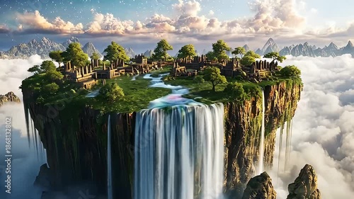 An Ancient Floating Island Civilization Amidst Majestic Clouds and Distant Mountains Bathed in Soft Golden Sunlight Creating a Serene Fantasy Landscape