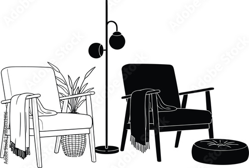 A modern living room with various chairs and furniture in different colors and styles