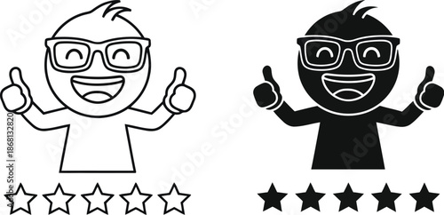 A cartoon character gives a thumbs up with different colored ratings below him