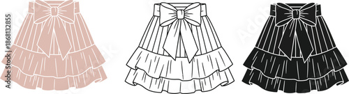 Three different colored skirts with bows and ruffles on a white background