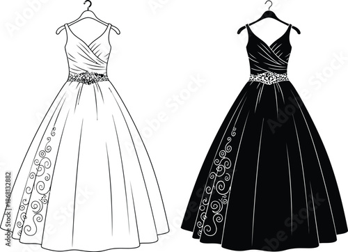 Three elegant evening gowns in different colors and styles on hangers