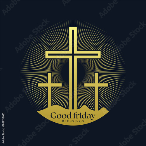 Good friday - Gold three cross crucifix on hill and lines sunlight circle around on dark blue background vector design