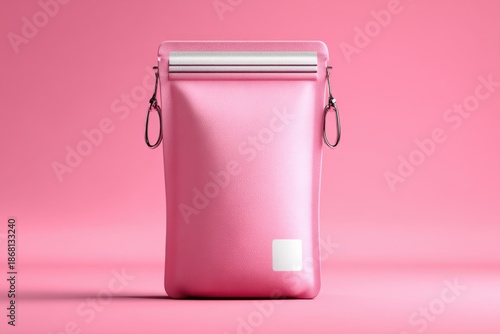 Pink waterproof pouch with silver closure and carabiner clips on a pink background case
