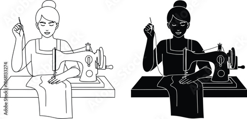 A woman is sewing with a needle and thread on a sewing machine at a table