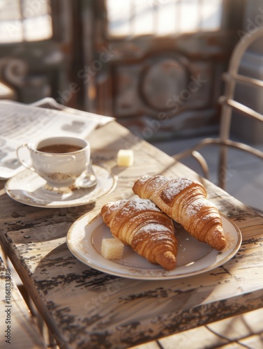 French breakfast with croissants and coffee at cafe served with small cups and sugar on a wooden table