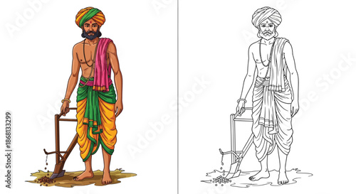 Traditional Indian Farmer Sowing Seeds With Hoe Manual Agricultural Labor Illustration
