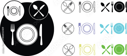 A set of black and white icons depicting various table settings with plates and utensils