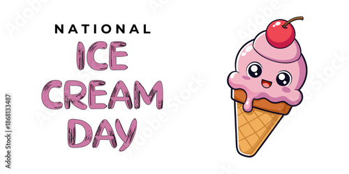 National ice cream day. Design template for banner, poster or card with cute ice cream character. Vector illustration