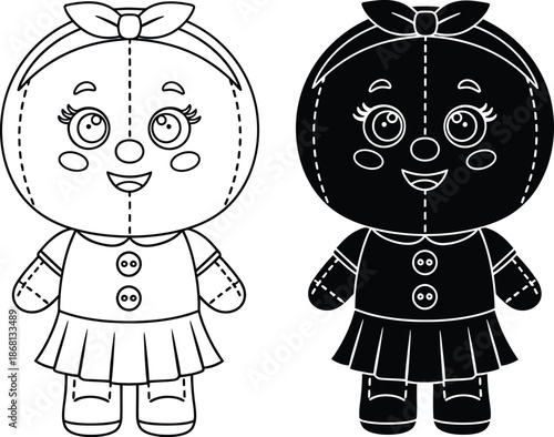 A colorful illustration of a cartoon girl in different stages of coloring and completion.