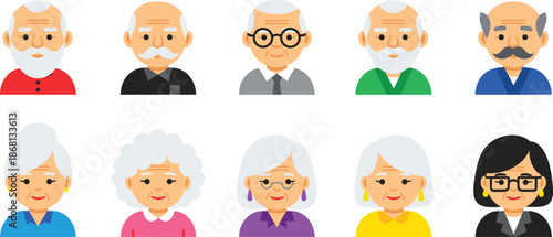 Set of Diverse Senior People Avatar Faces Flat Vector IllustrationSet of Diverse Senior People Avatar Faces Flat Vector Illustration