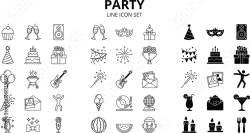 A collection of black and white line icons depicting various party symbols and objects